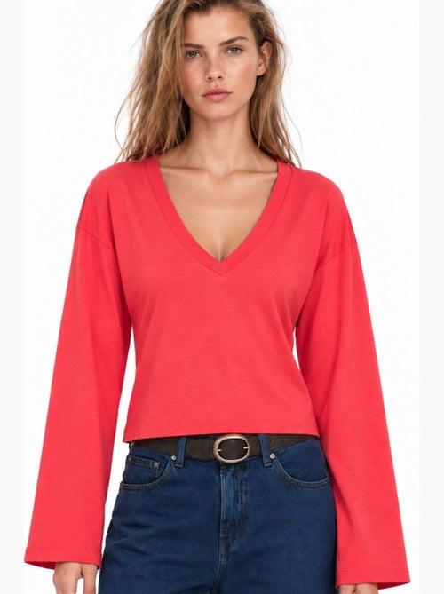 T-shirt crop com decote em v e corte justo busem - Kiabi