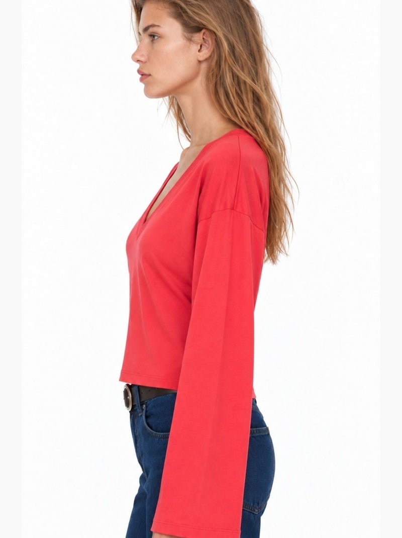 T-shirt crop com decote em v e corte justo busem Laranja - Kiabi