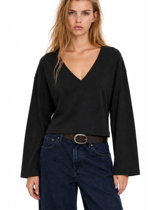 T-shirt crop com decote em v e corte justo busem - Kiabi