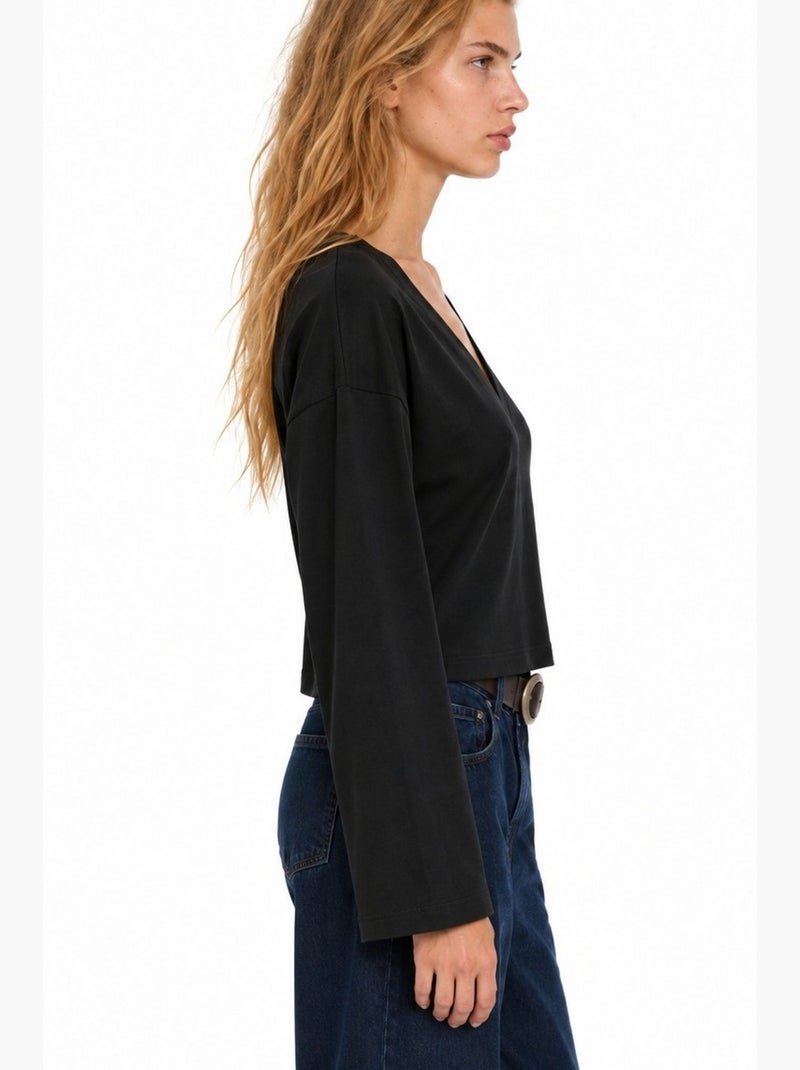 T-shirt crop com decote em v e corte justo busem Preto - Kiabi