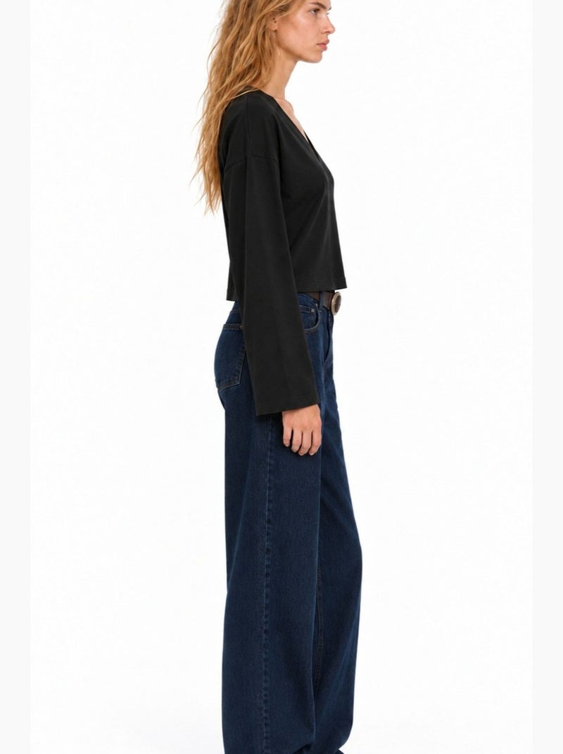 T-shirt crop com decote em v e corte justo busem Preto - Kiabi