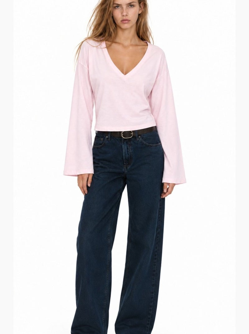 T-shirt crop com decote em v e corte justo busem Rosa doce - Kiabi