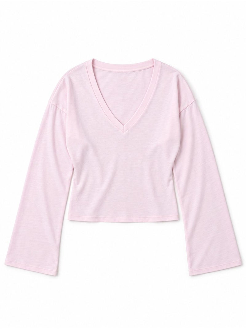 T-shirt crop com decote em v e corte justo busem Rosa doce - Kiabi