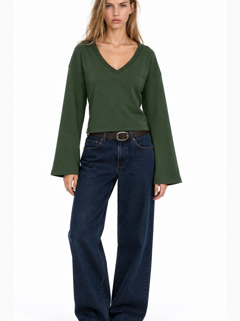 T-shirt crop com decote em v e corte justo busem Verde escuro - Kiabi