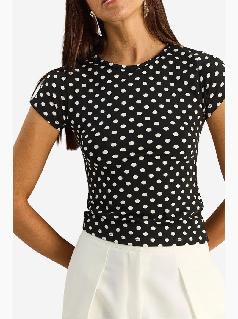 T-shirt crop de bolinhas com decote redondo lucci Preto Branco - Kiabi