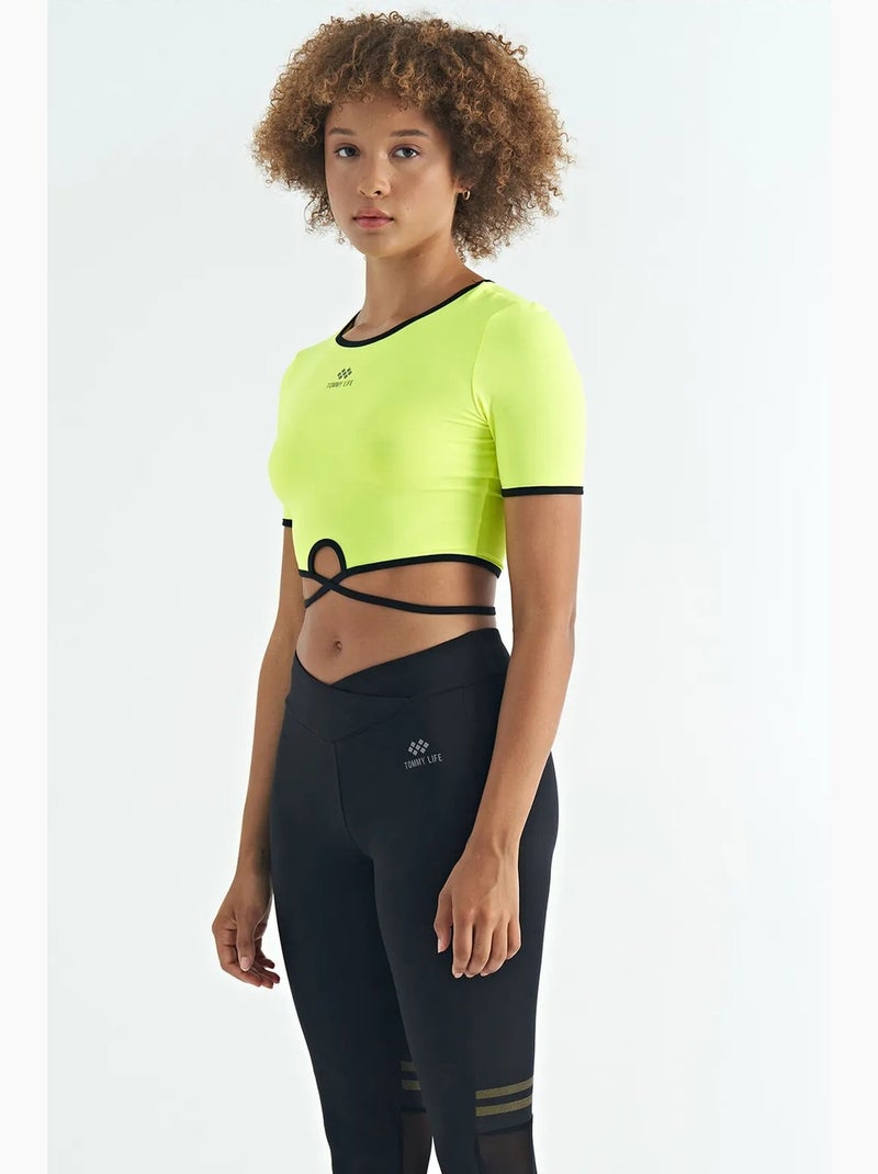 T-shirt crop elástica com gola redonda tommy Verde tília - Kiabi