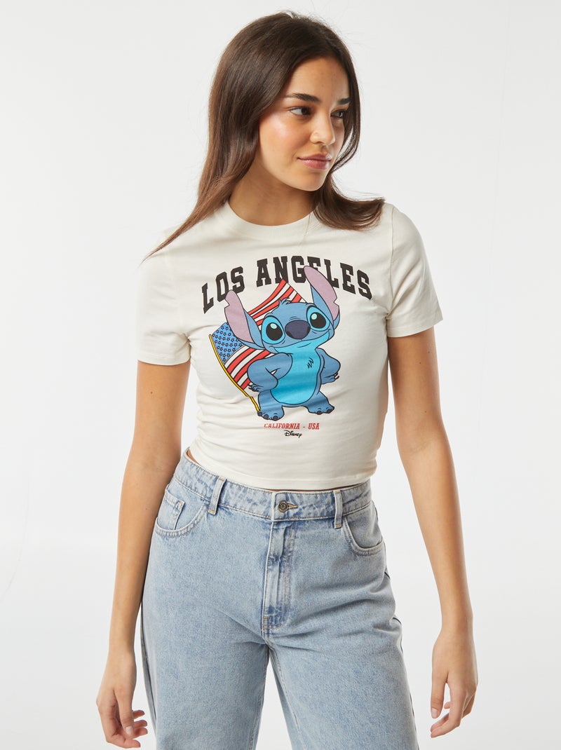 T-shirt crop fit com estampado 'Stitch' BRANCO - Kiabi