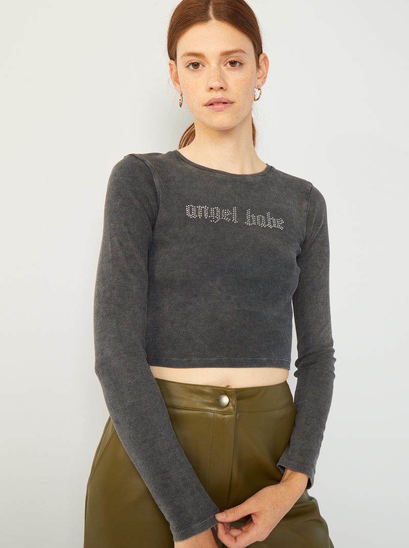 T-shirt crop top com mensagem em ouropel CINZA - Kiabi