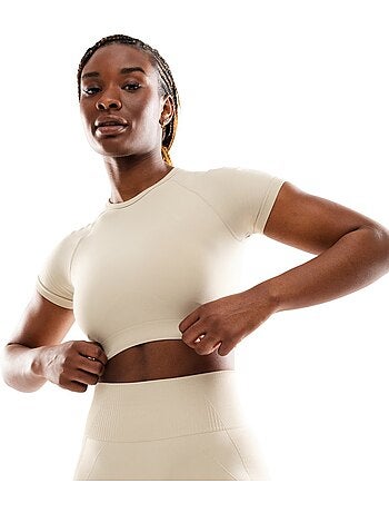 T-shirt crop top de desporto sem costuras para mulher