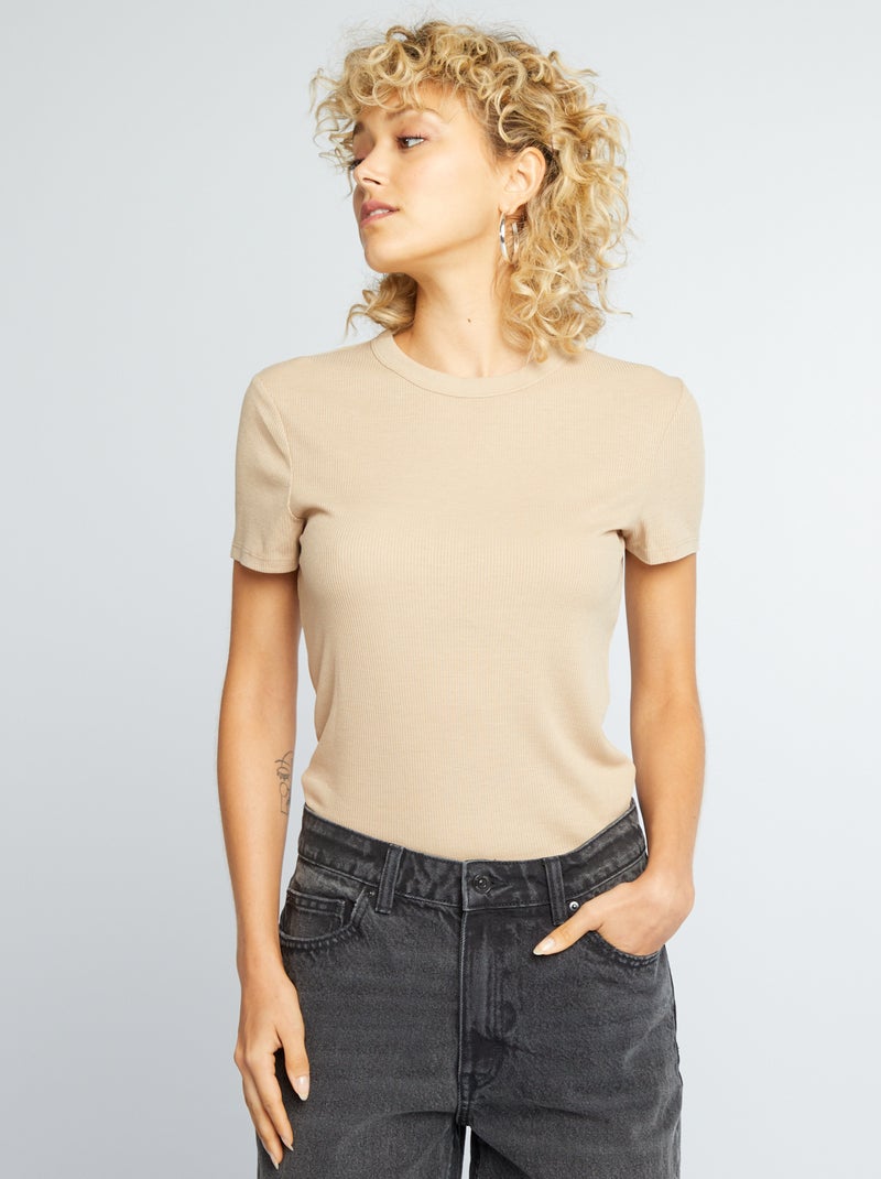 T-shirt crop top de malha canelada BEGE - Kiabi