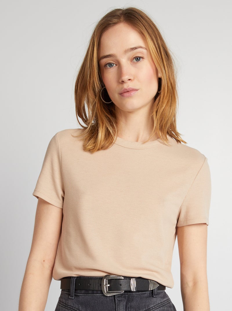 T-shirt crop top de malha canelada BEGE - Kiabi