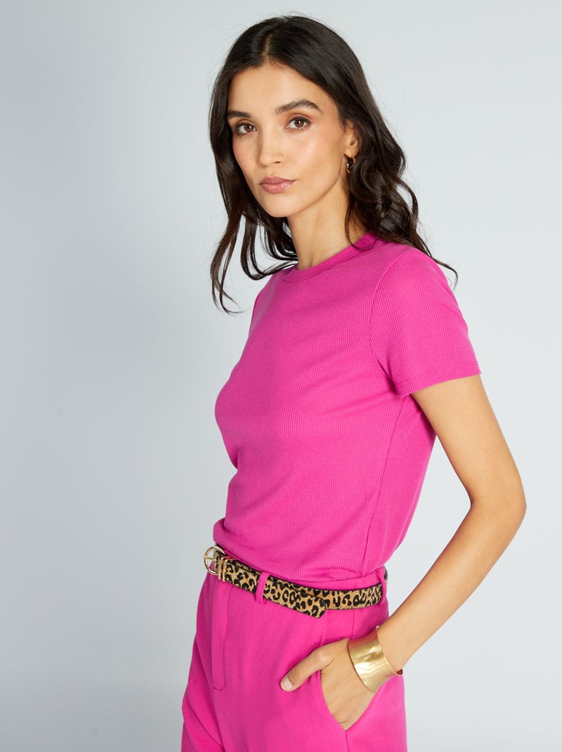 T-shirt crop top de malha canelada Rosa - Kiabi