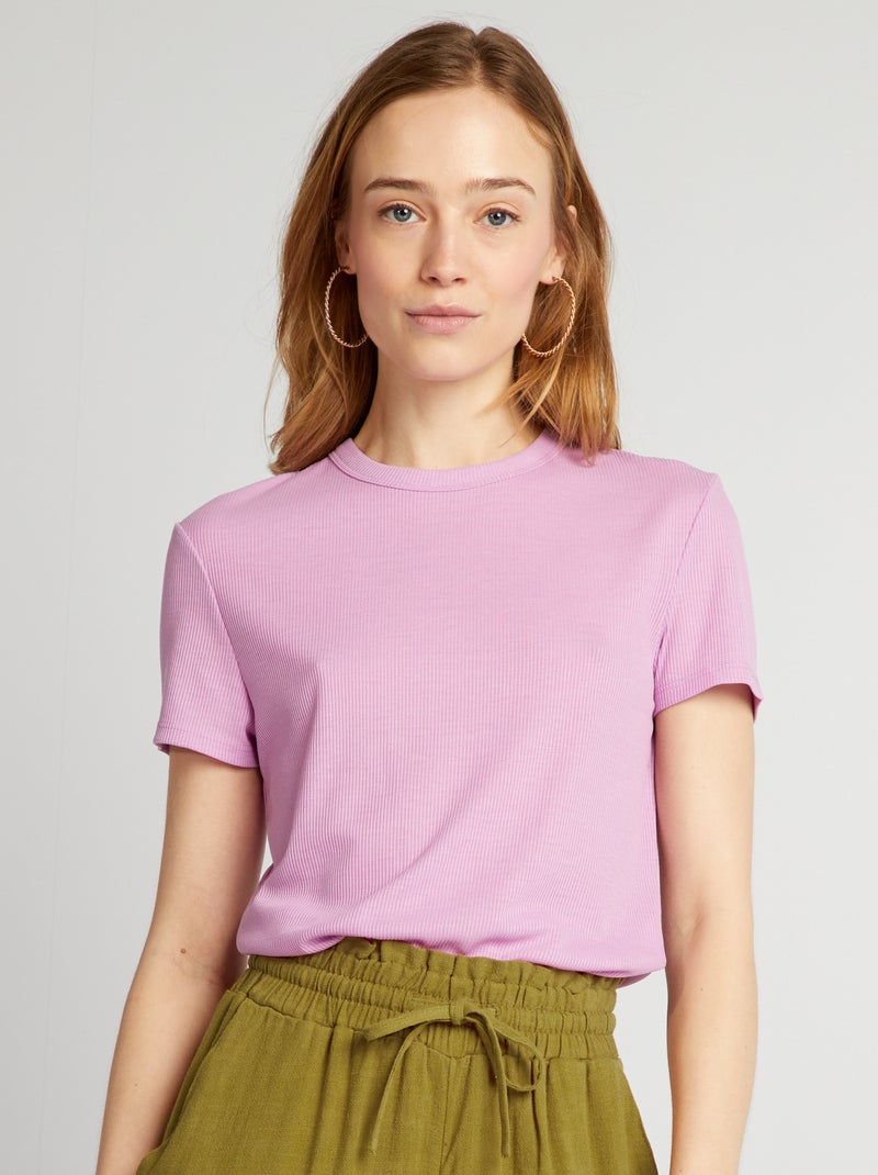 T-shirt crop top de malha canelada ROSA - Kiabi