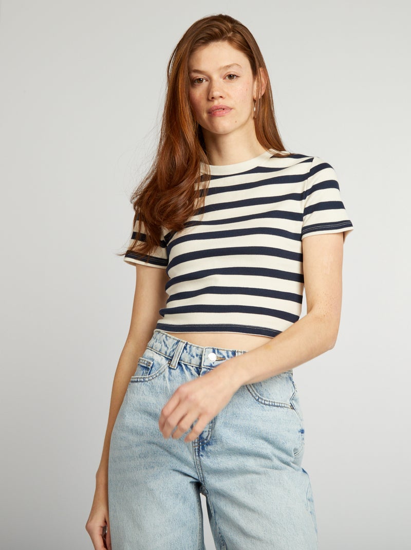 T-shirt crop top estilo marinheiro BEGE - Kiabi