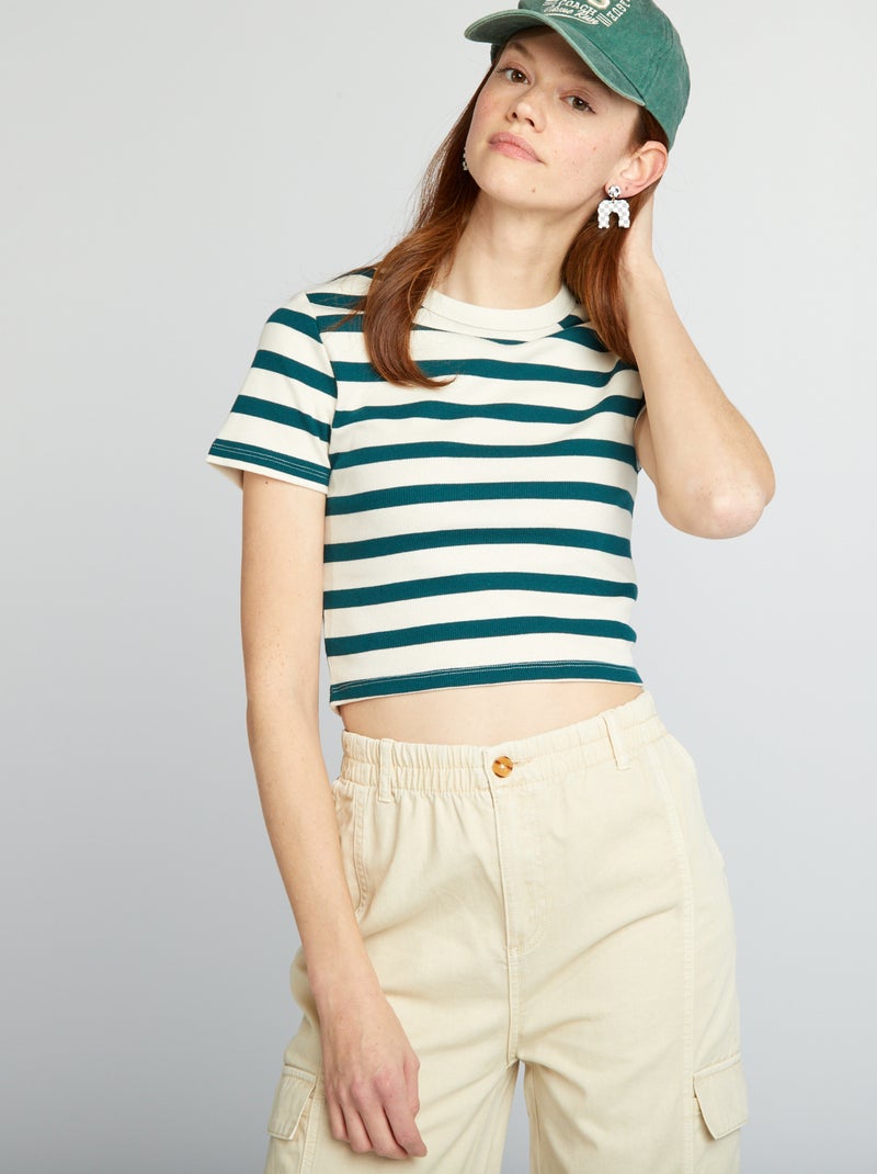 T-shirt crop top estilo marinheiro BEGE - Kiabi