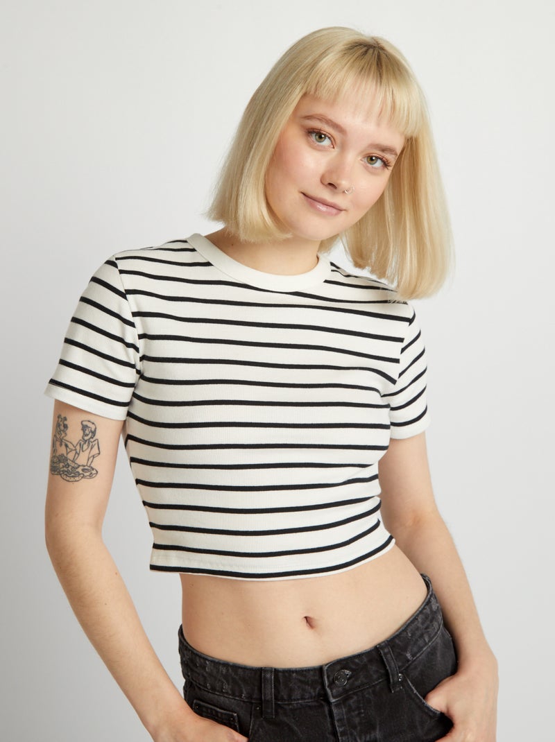 T-shirt crop top estilo marinheiro BRANCO - Kiabi