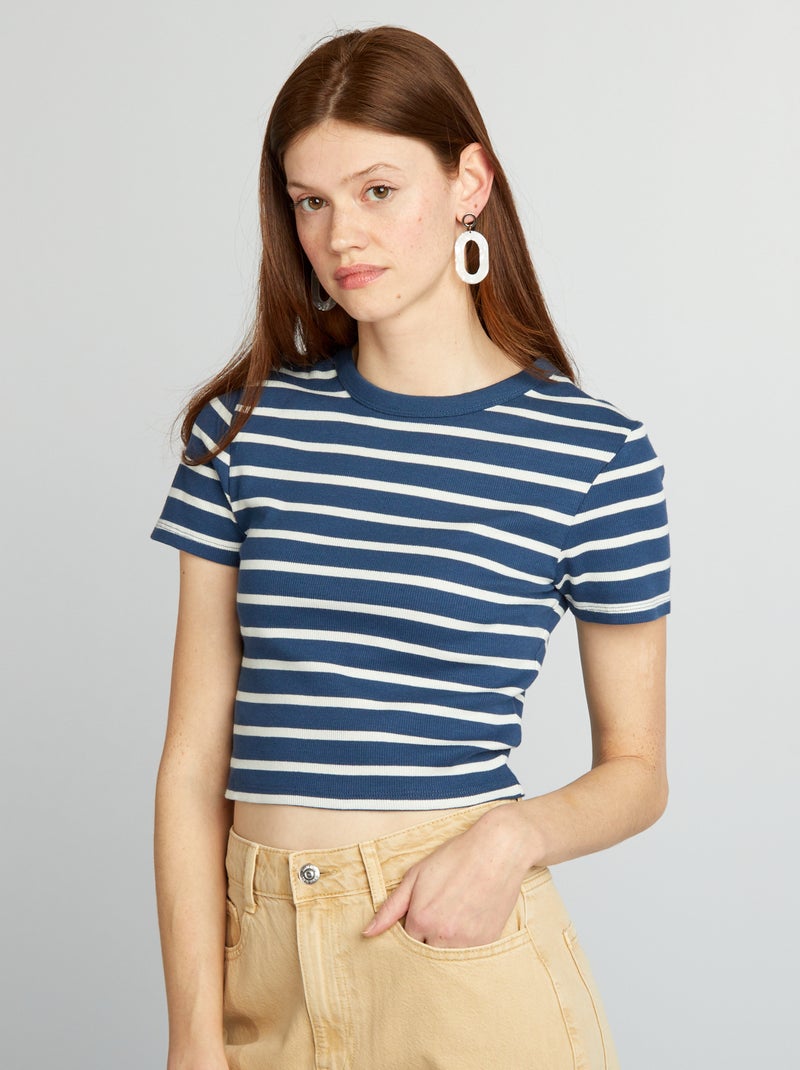 T-shirt crop top estilo marinheiro PRETO - Kiabi