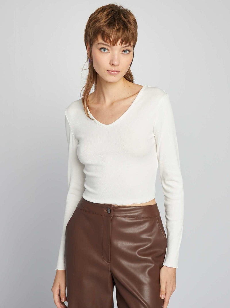 T-shirt crop top nervurada Branco - Kiabi