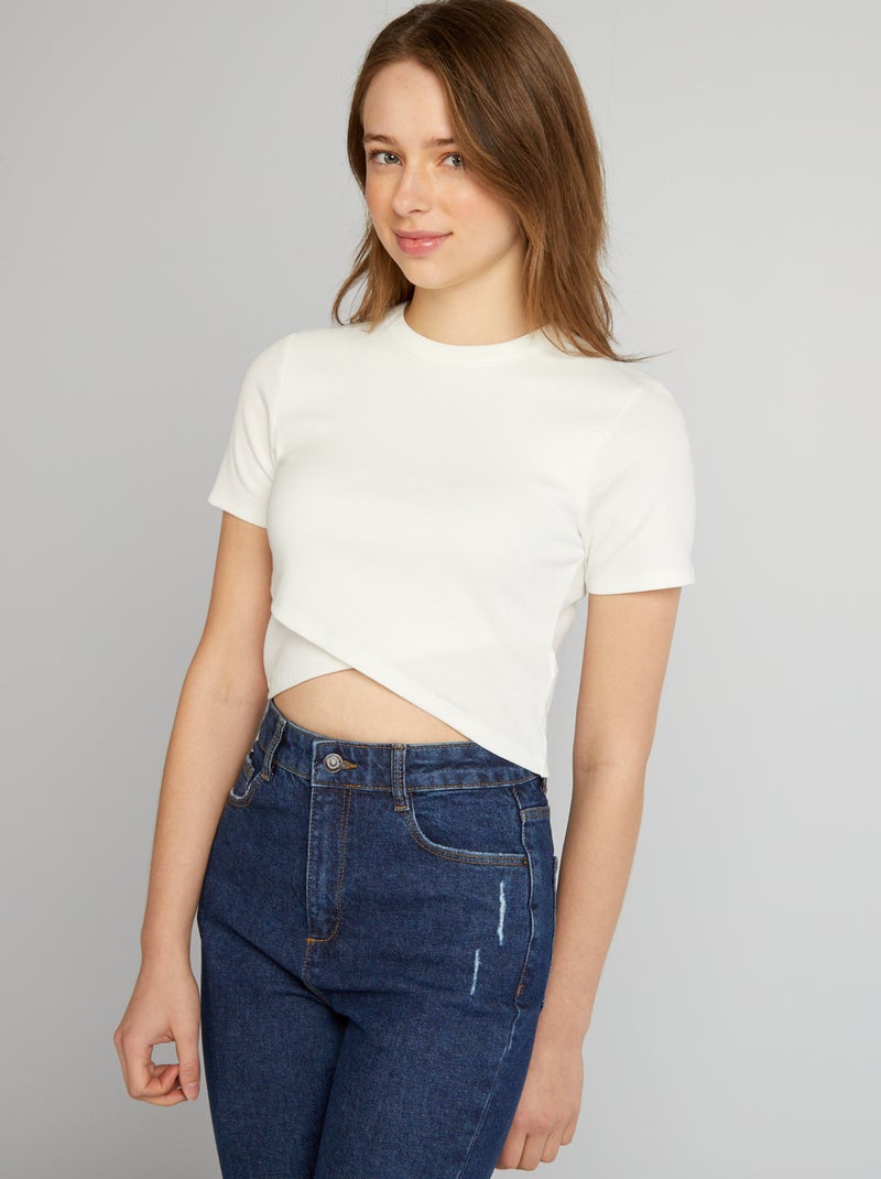 T-shirt crop top nervurada Branco - Kiabi