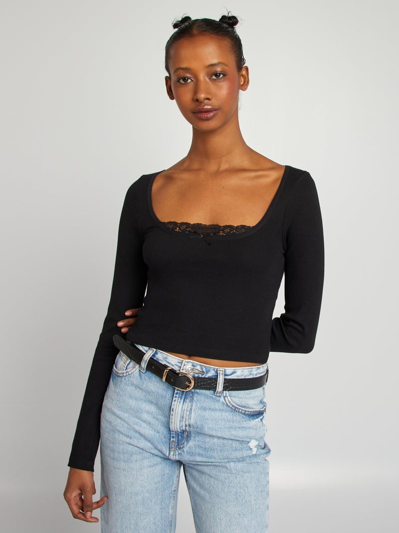 T-shirt crop top nervurada de manga comprida Preto - Kiabi