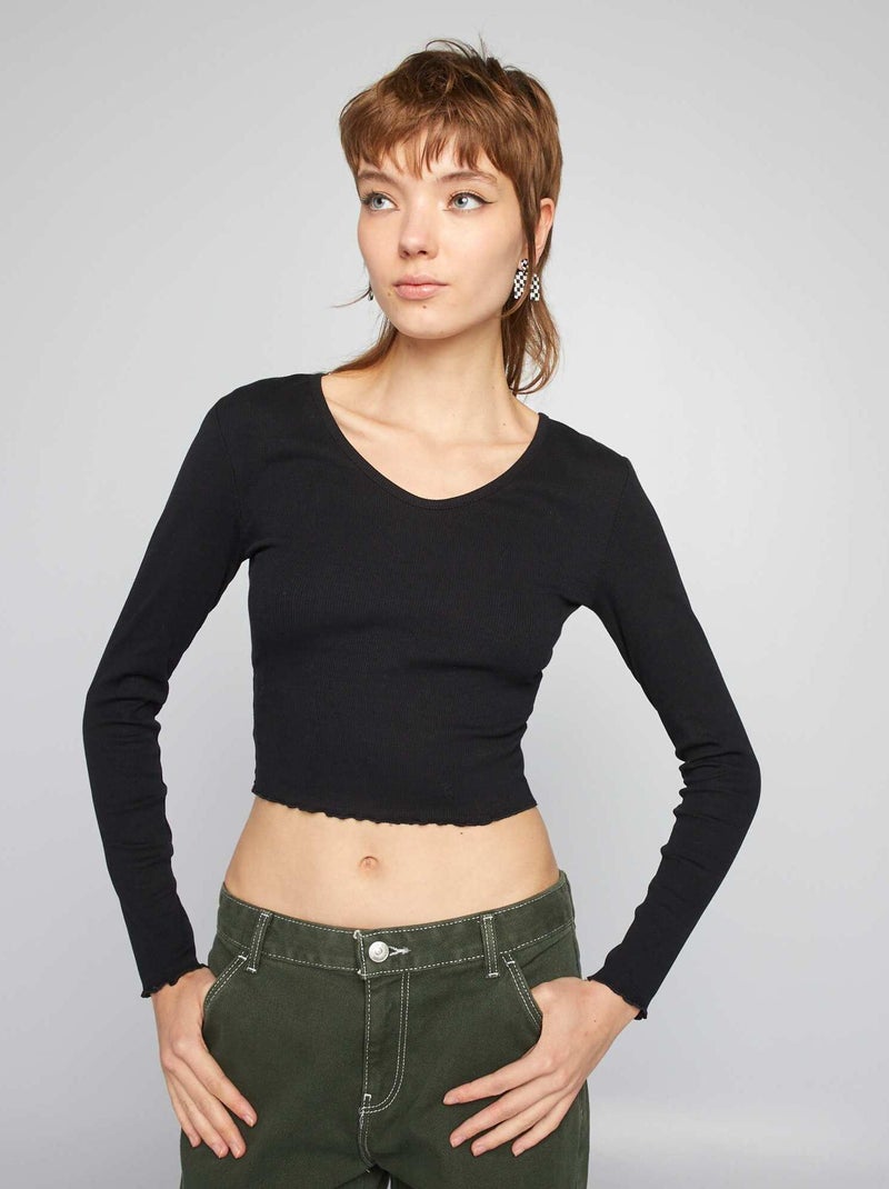 T-shirt crop top nervurada Preto - Kiabi