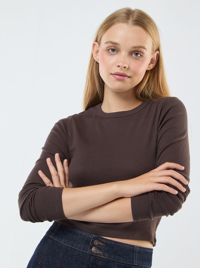 T-shirt cropped básica Castanho - Kiabi