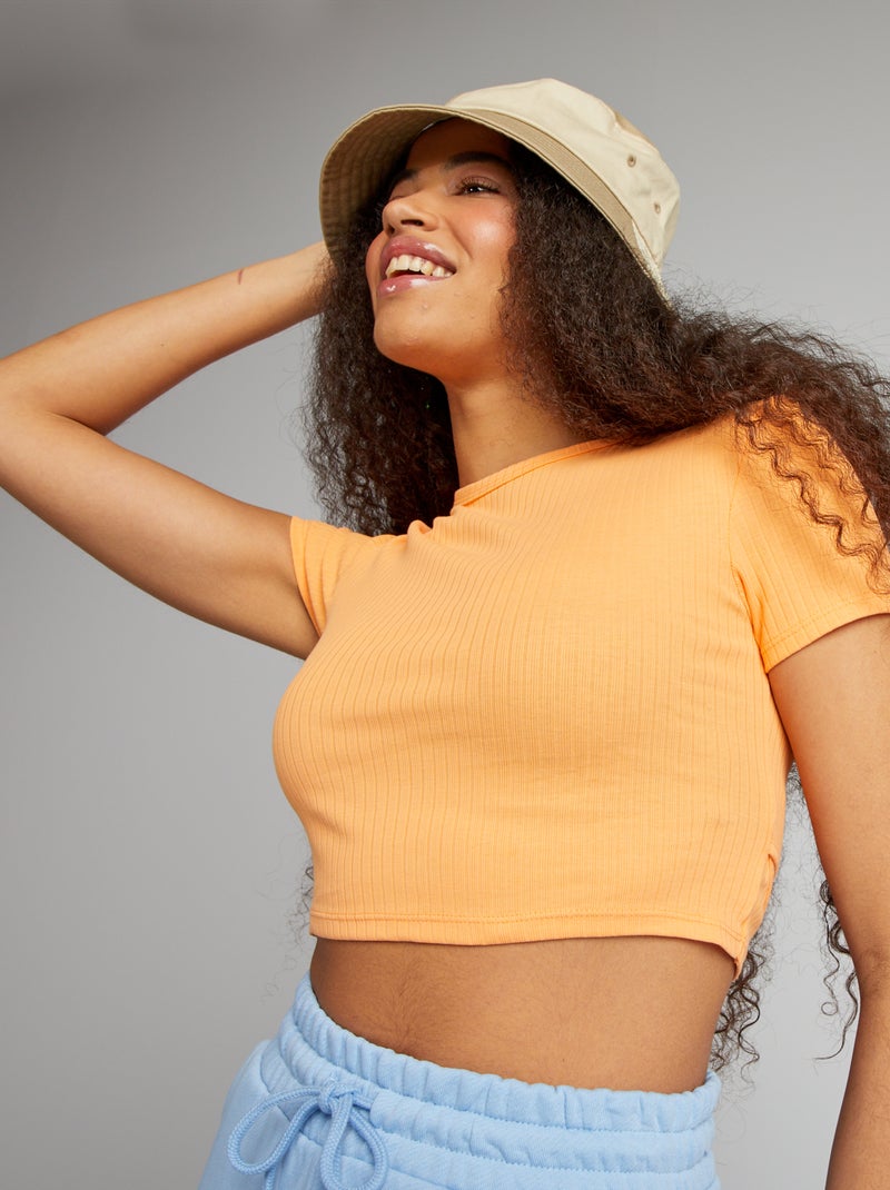 T-shirt cropped canelada com atilhos LARANJA - Kiabi