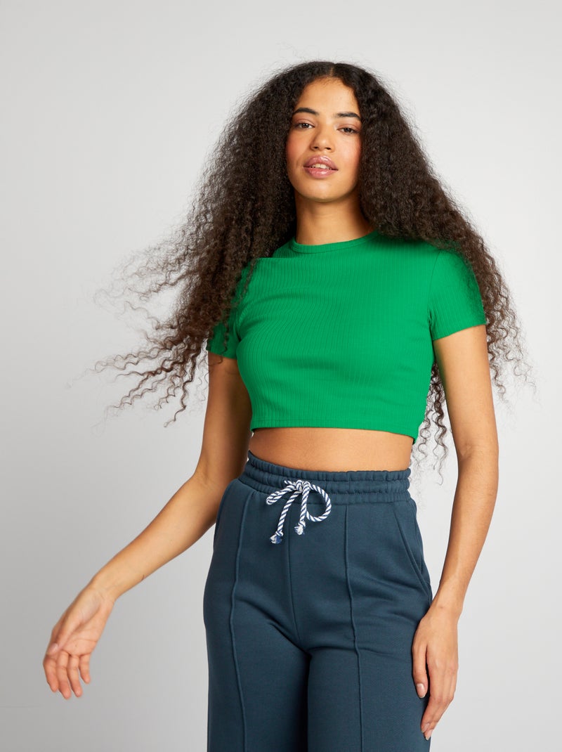 T-shirt cropped canelada com atilhos VERDE - Kiabi
