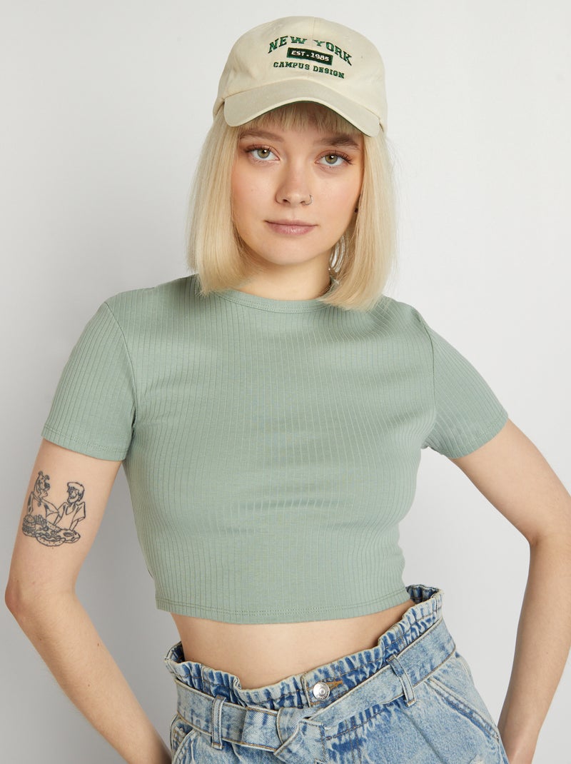 T-shirt cropped canelada com atilhos VERDE - Kiabi