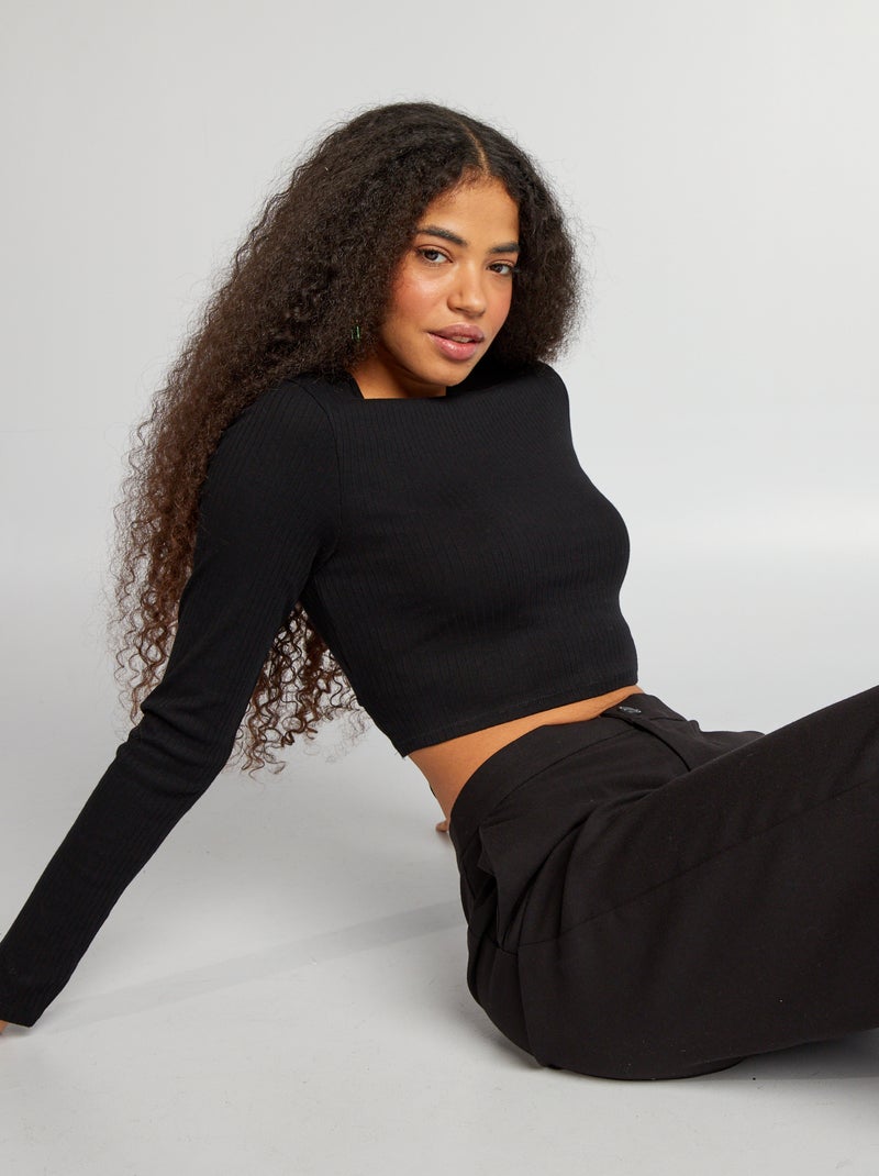 T-shirt cropped canelada Preto - Kiabi