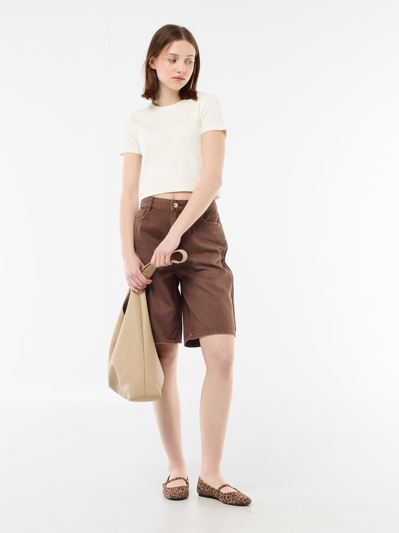 T-shirt cropped canelado com nós Branco - Kiabi