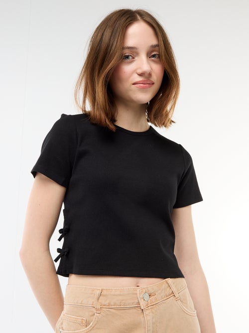 T-shirt cropped canelado com nós - Kiabi