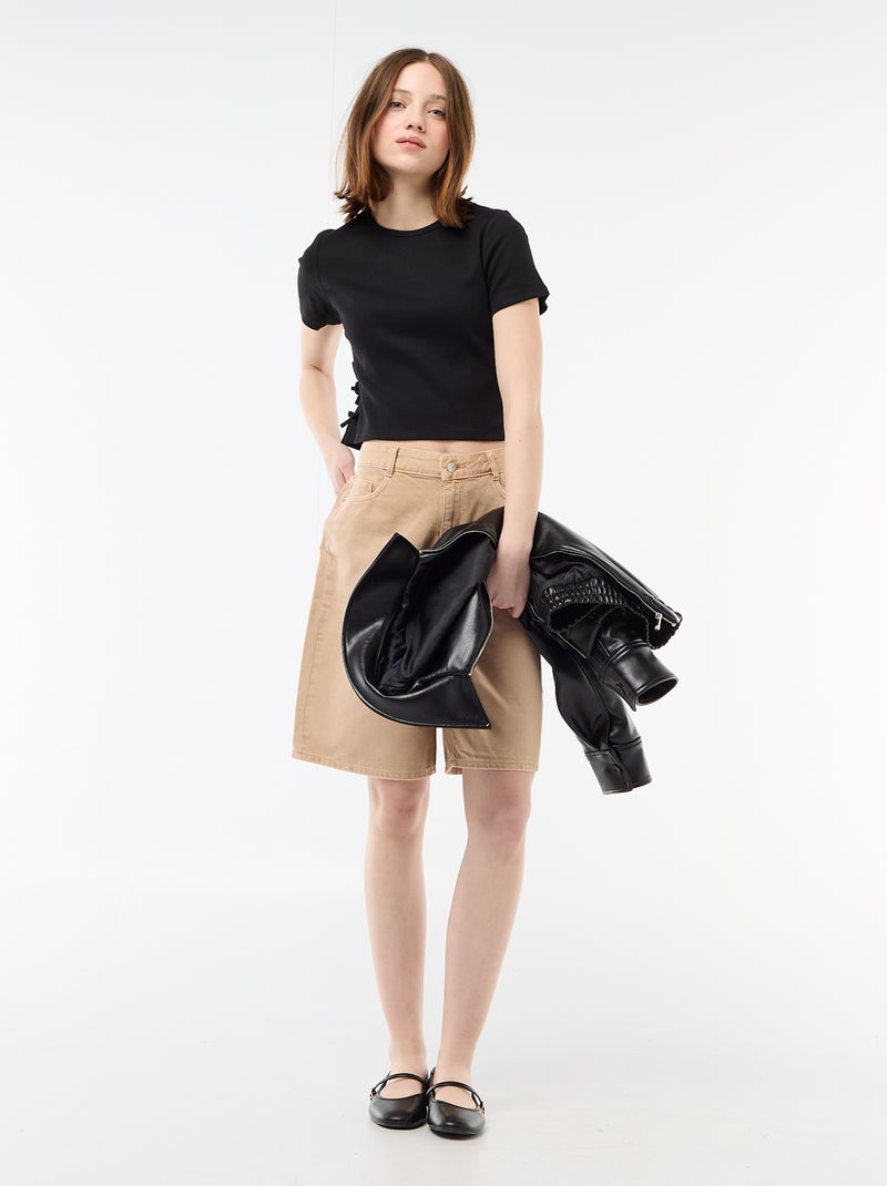 T-shirt cropped canelado com nós Preto - Kiabi