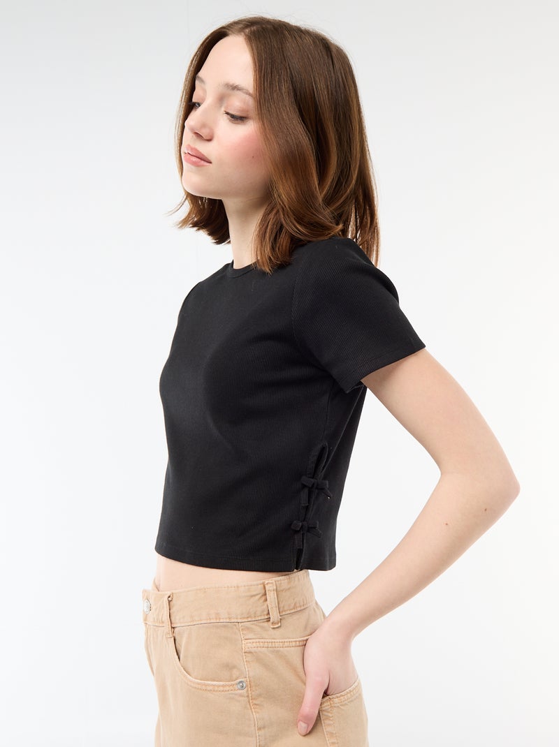 T-shirt cropped canelado com nós Preto - Kiabi
