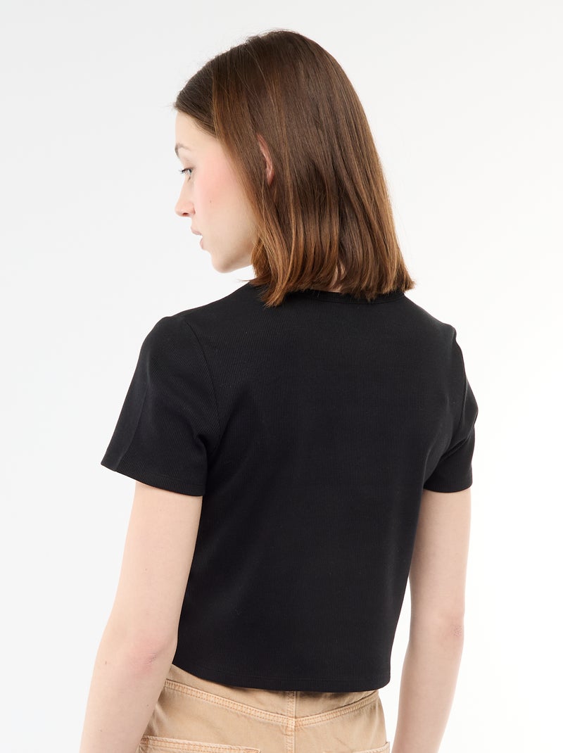 T-shirt cropped canelado com nós Preto - Kiabi