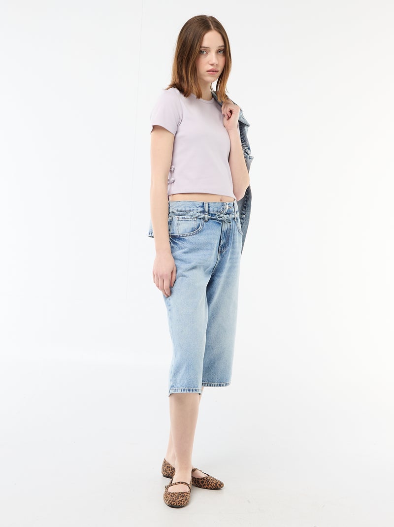 T-shirt cropped canelado com nós Roxo - Kiabi