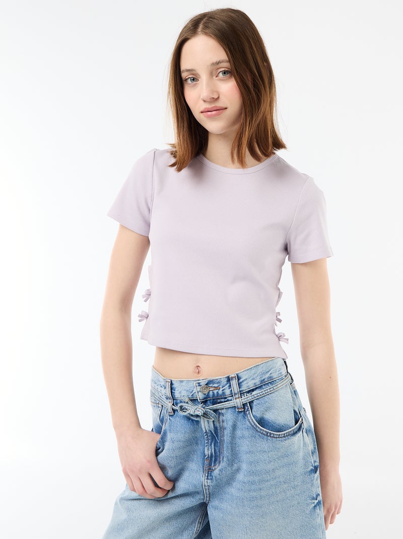 T-shirt cropped canelado com nós Roxo - Kiabi