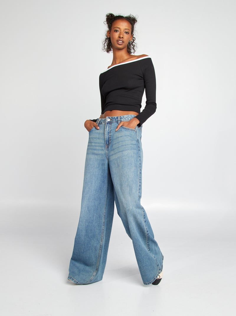 T-shirt cropped com gola bardot PRETO - Kiabi