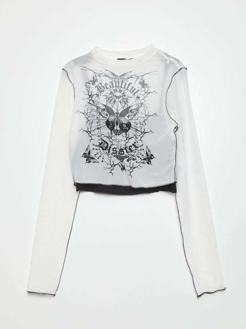 T-shirt cropped com rendilhado transparente BRANCO - Kiabi