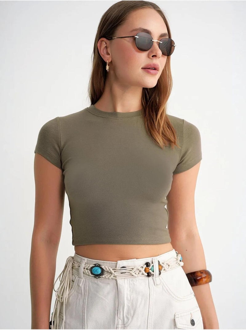 T-shirt cropped de malha justa mixray Cáqui - Kiabi