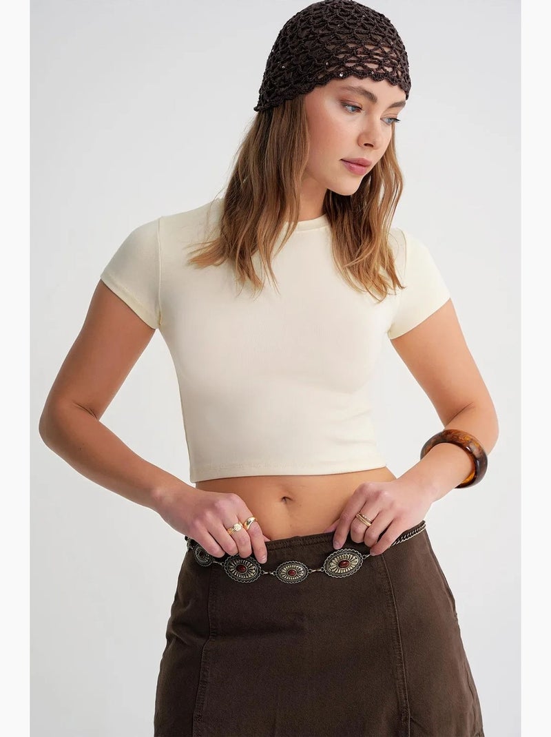 T-shirt cropped de malha justa mixray Creme - Kiabi