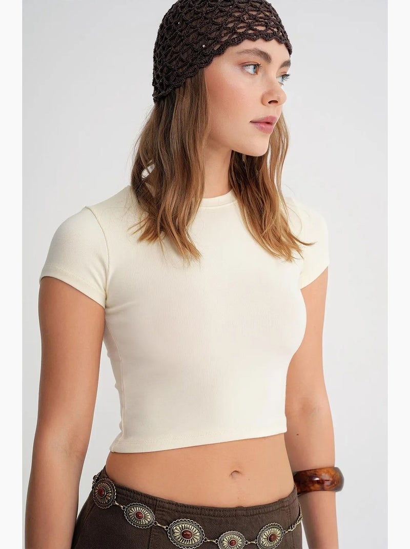 T-shirt cropped de malha justa mixray Creme - Kiabi