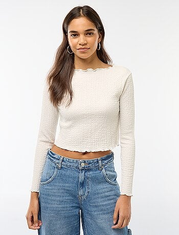 T-shirt cropped de mangas compridas e material crepe