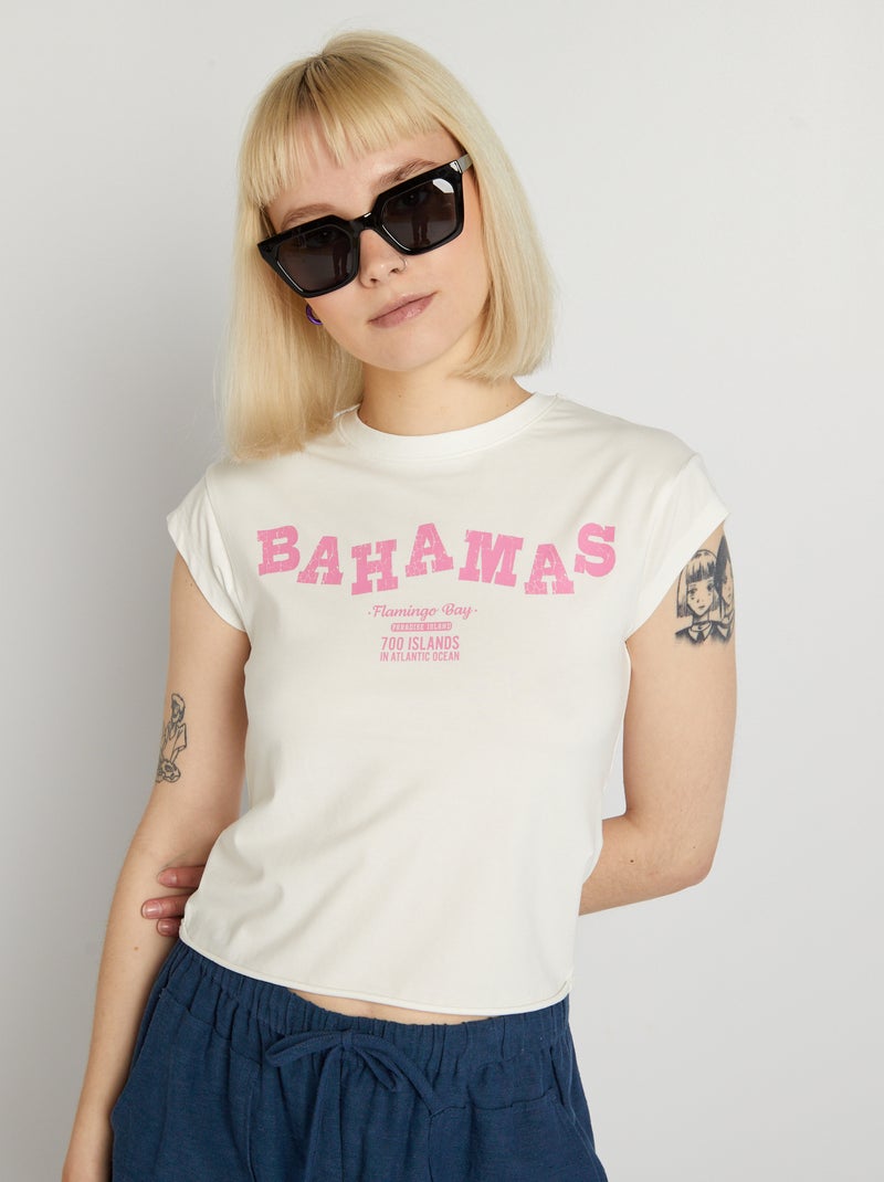 T-shirt cropped elástica com estampado ROSA - Kiabi