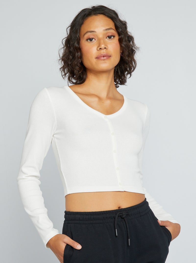 T-shirt cropped em malha nervurada Branco - Kiabi