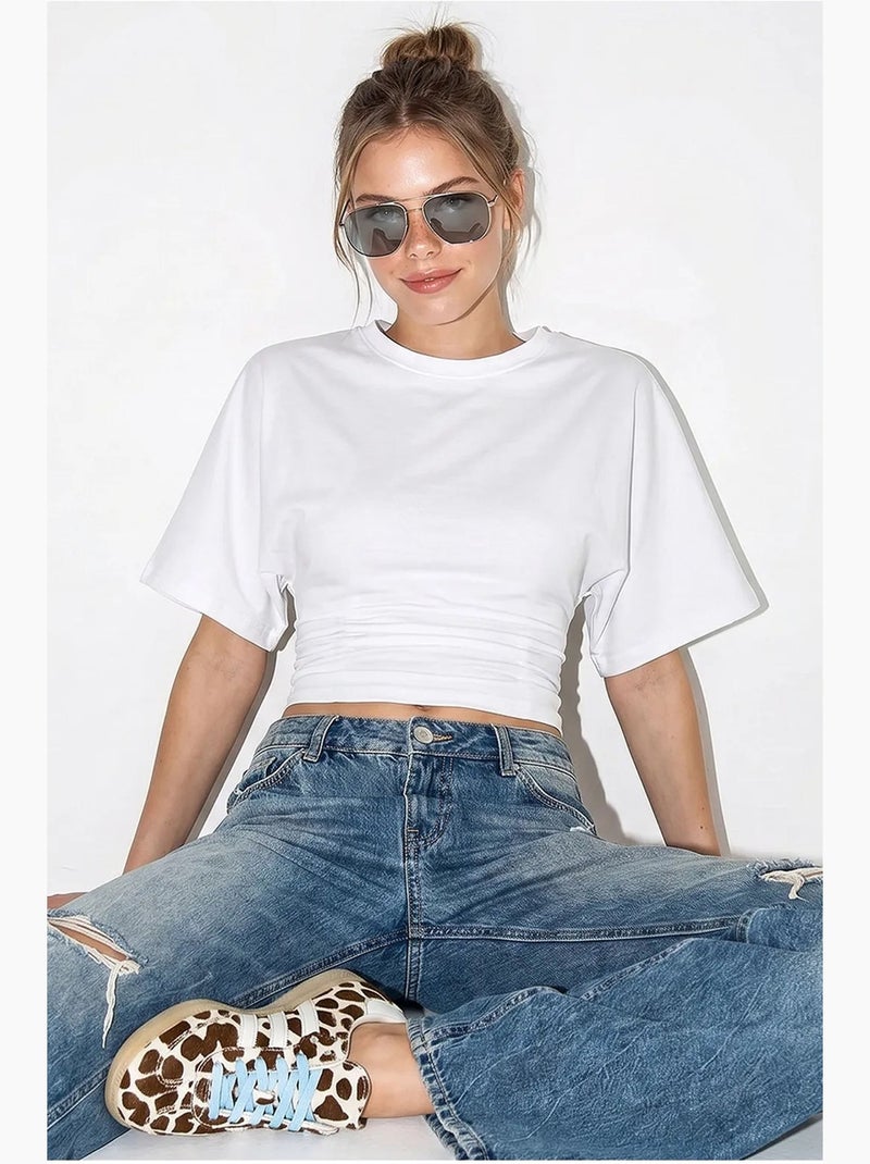 T-shirt cropped feminina de gola careca lucci Branco - Kiabi
