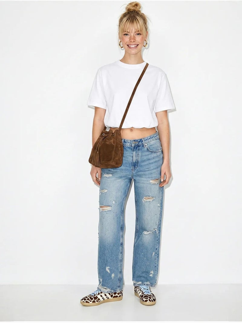 T-shirt cropped feminina de gola redonda lucci Branco - Kiabi