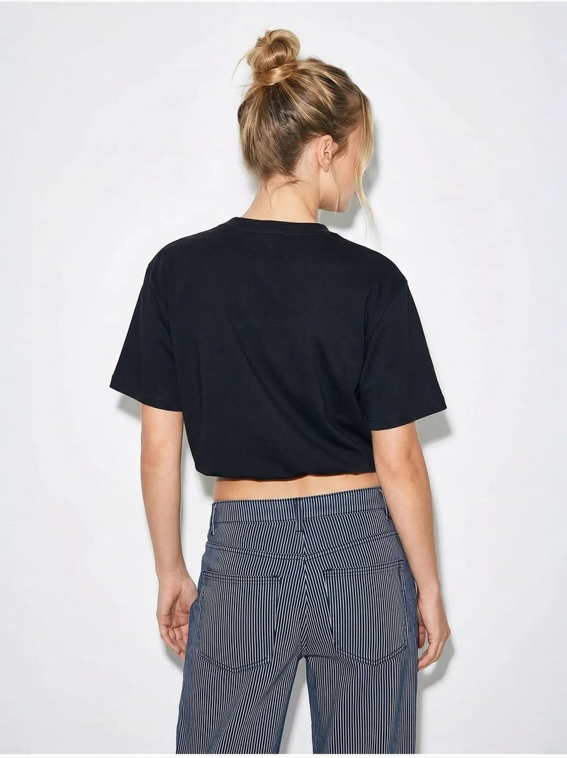 T-shirt cropped feminina de gola redonda lucci Preto - Kiabi