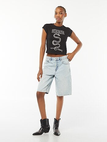 T-shirt cropped fit de manga curta estampada 'Nirvana'