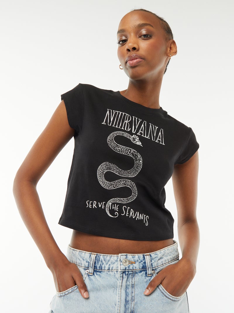 T-shirt cropped fit de manga curta estampada 'Nirvana' Preto - Kiabi